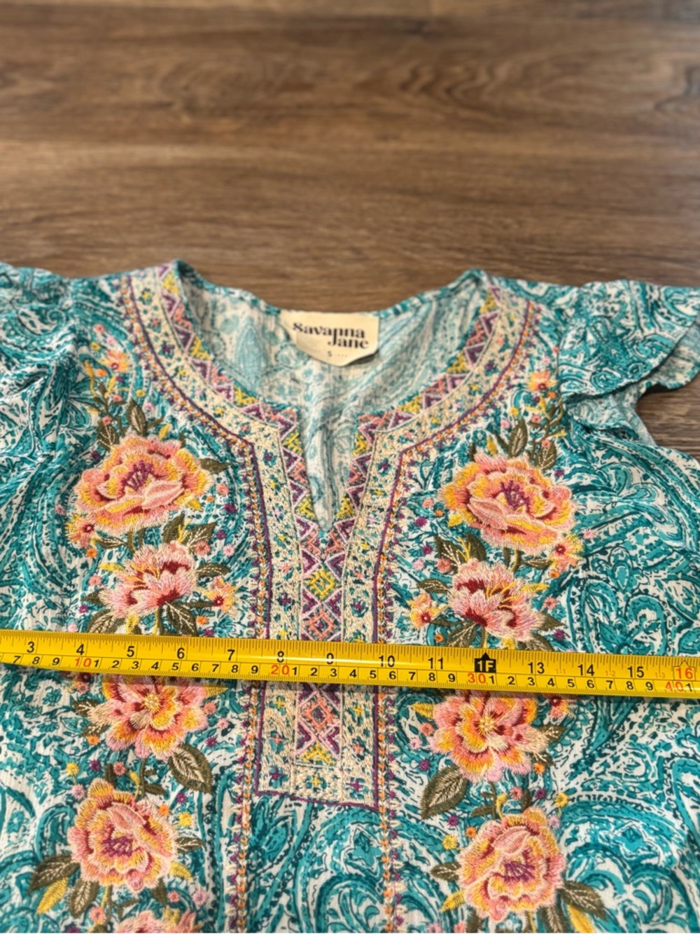 Savanna Jane Embroidered Paisley Blouse Teal Flutter Sleeve Boho Top Women’s S - Picture 4 of 5